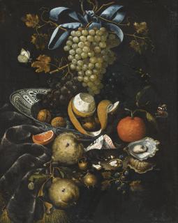 Martinus Nellius - A Still Life Of Blue And White Grapes, Walnuts, A Half-Peeled Lemon And Blackberries In A Wan-Li Porcelain Bowl, Together With A Mouse, A Butterfly And Other Objects