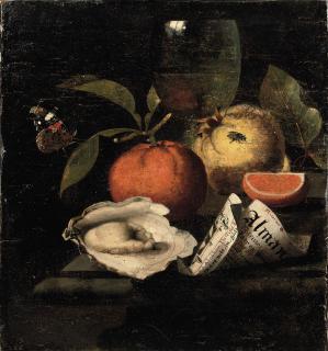 Martinus Nellius - An orange, a quince, an oyster, a partly rolled-up leaflet, a wine glass, a red Admiral butterfly and a fly, all on a marble ledge