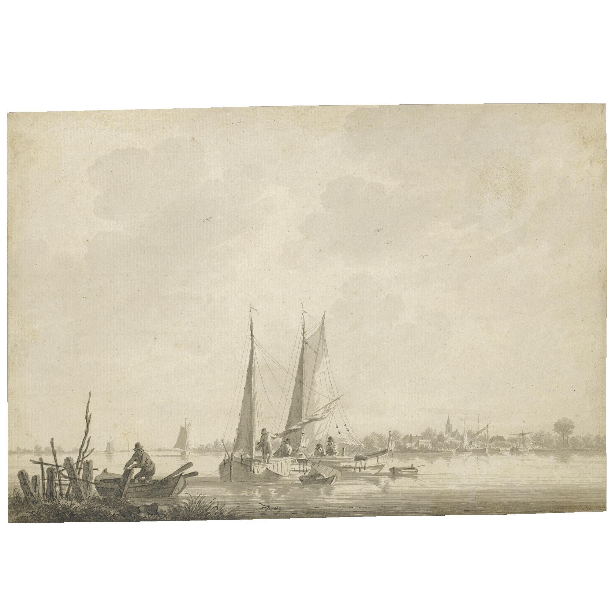 Martinus Schouman - A River Landscape With Some Small Masted Boats In The Foreground, A Village On The Far Shore