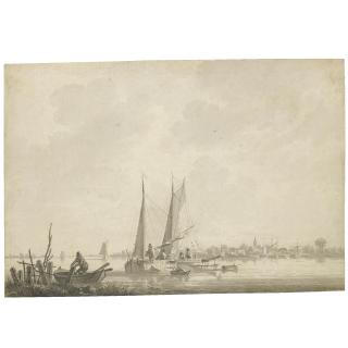 Martinus Schouman - A River Landscape With Some Small Masted Boats In The Foreground, A Village On The Far Shore