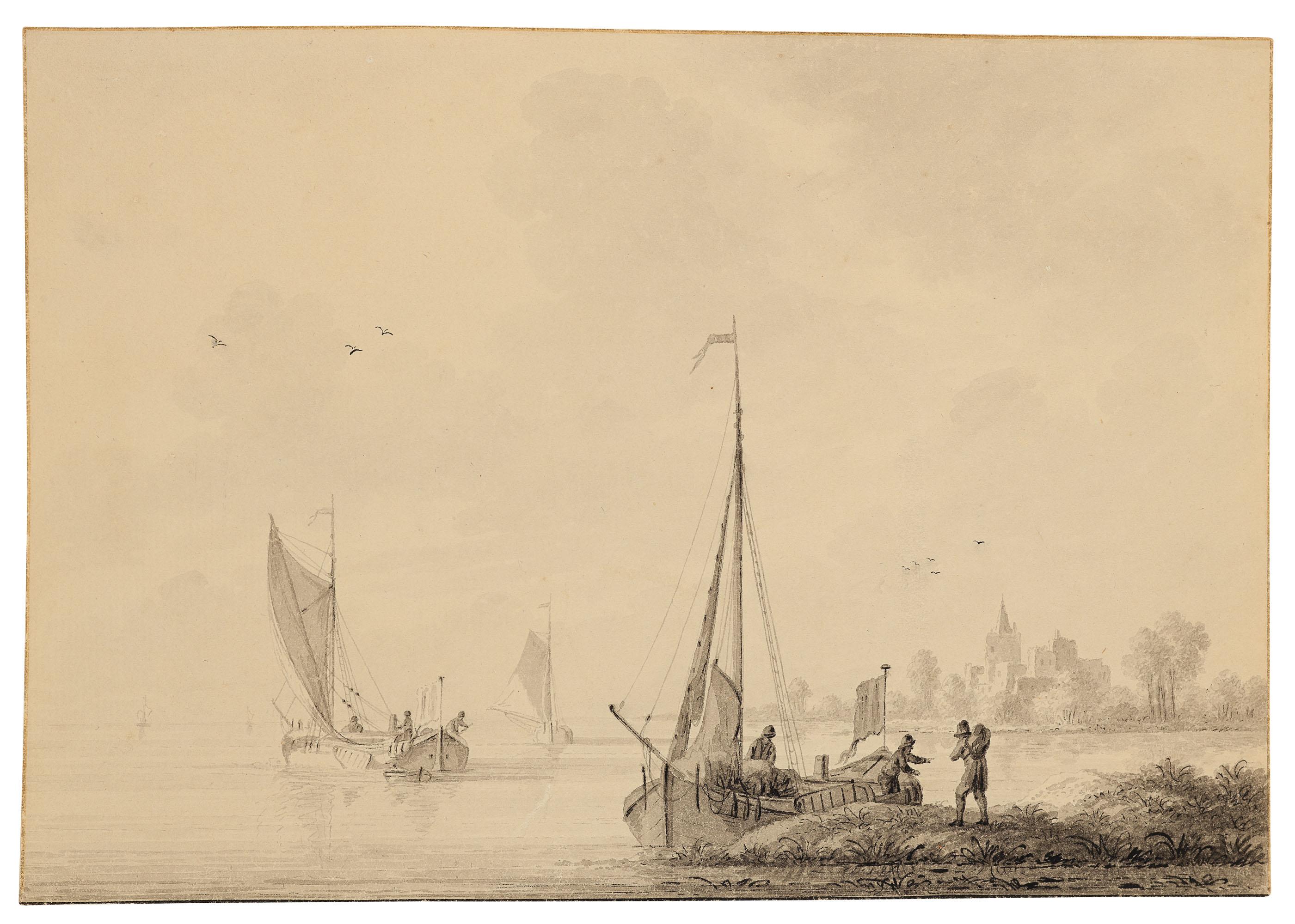 Martinus Schouman - Deux Études De Voiliers Sur Une Rivière