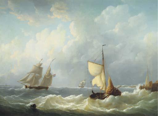 Martinus Schouman - Dutch sailing vessels on choppy waters by a jetty