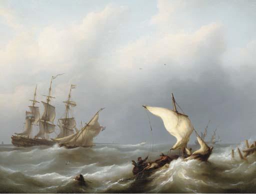 Martinus Schouman - Dutch shipping offshore in a heavy swell, the merchantman flying her identification number 43
