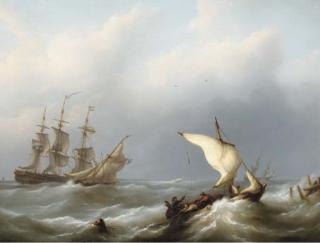 Martinus Schouman - Dutch shipping offshore in a heavy swell, the merchantman flying her identification number 43