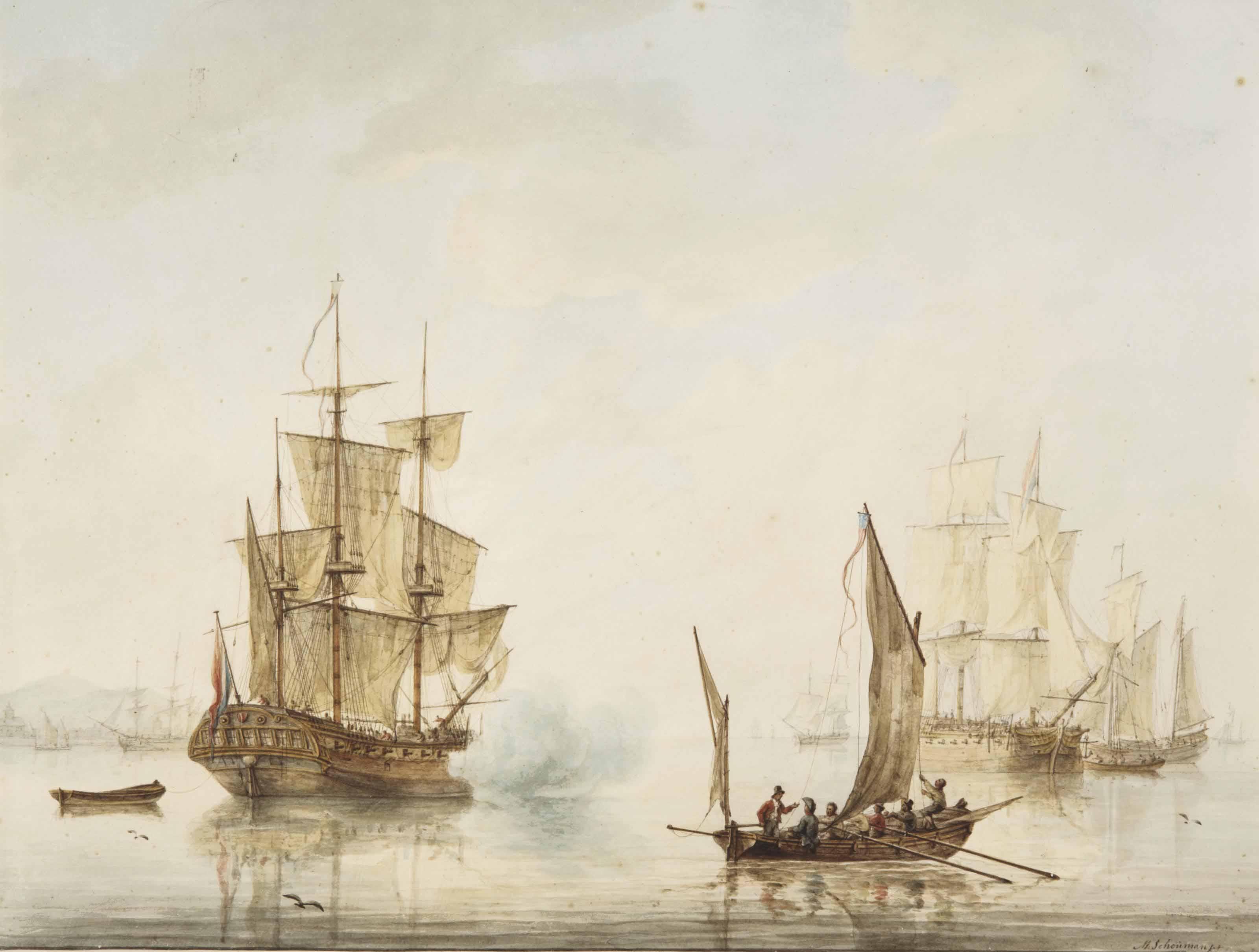 Martinus Schouman - Ships At Anchor In An Estuary, One Firing A Salute, An American Sloop Nearby