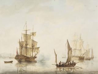 Martinus Schouman - Ships At Anchor In An Estuary, One Firing A Salute, An American Sloop Nearby