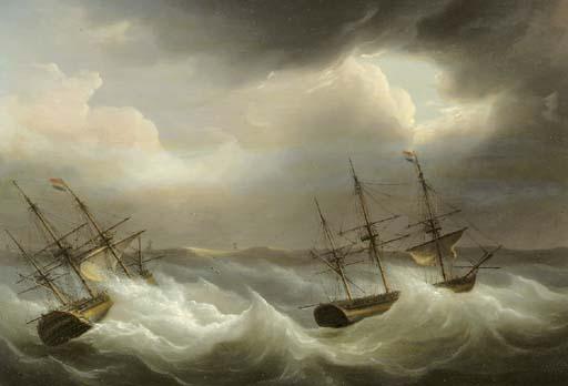 Martinus Schouman - Threemasters in distress off the coast