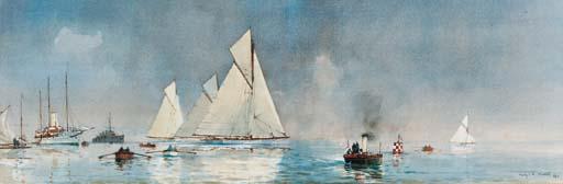 Martyn R. Mackrill - Yachts approaching the turning mark at Cowes with the King of Spain\'s steam yacht Giralda at her mooring beyond
