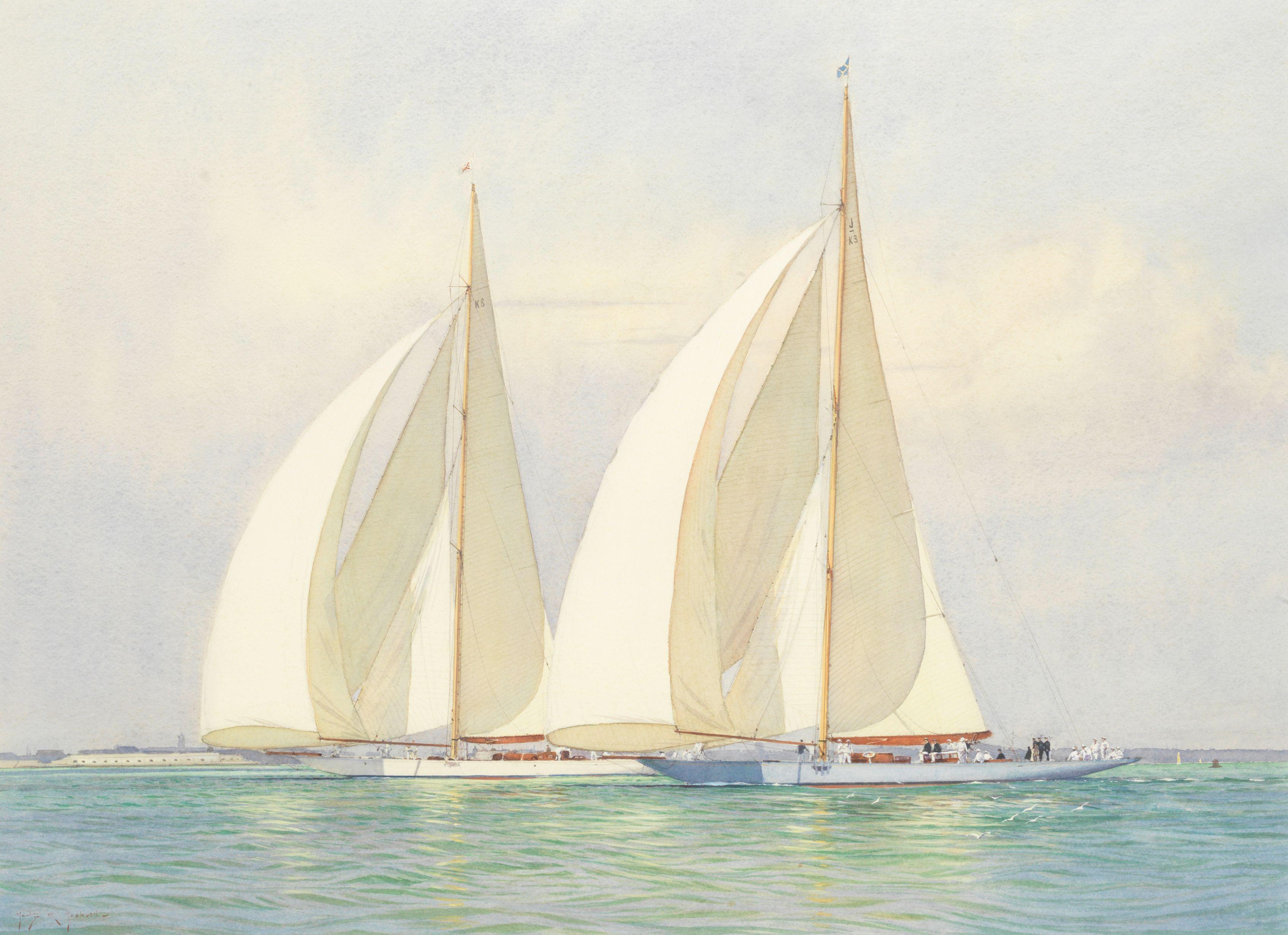 Martyn Richardson Mackrill - Light airs and a flowing tide. Candida and Shamrock V running off Portsmouth, 1934
