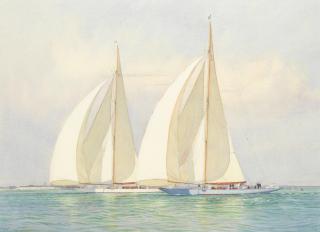 Martyn Richardson Mackrill - Light airs and a flowing tide. Candida and Shamrock V running off Portsmouth, 1934