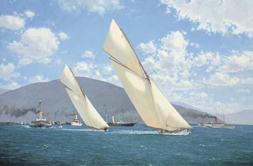 Martyn Richardson Mackrill - Valkyrie (III) leading His Majesty\'s yacht Britannia off Hunter\'s Quay, during the Clyde Regatta, 1895