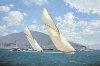 Martyn Richardson Mackrill - Valkyrie (III) leading His Majesty\'s yacht Britannia off Hunter\'s Quay, during the Clyde Regatta, 1895