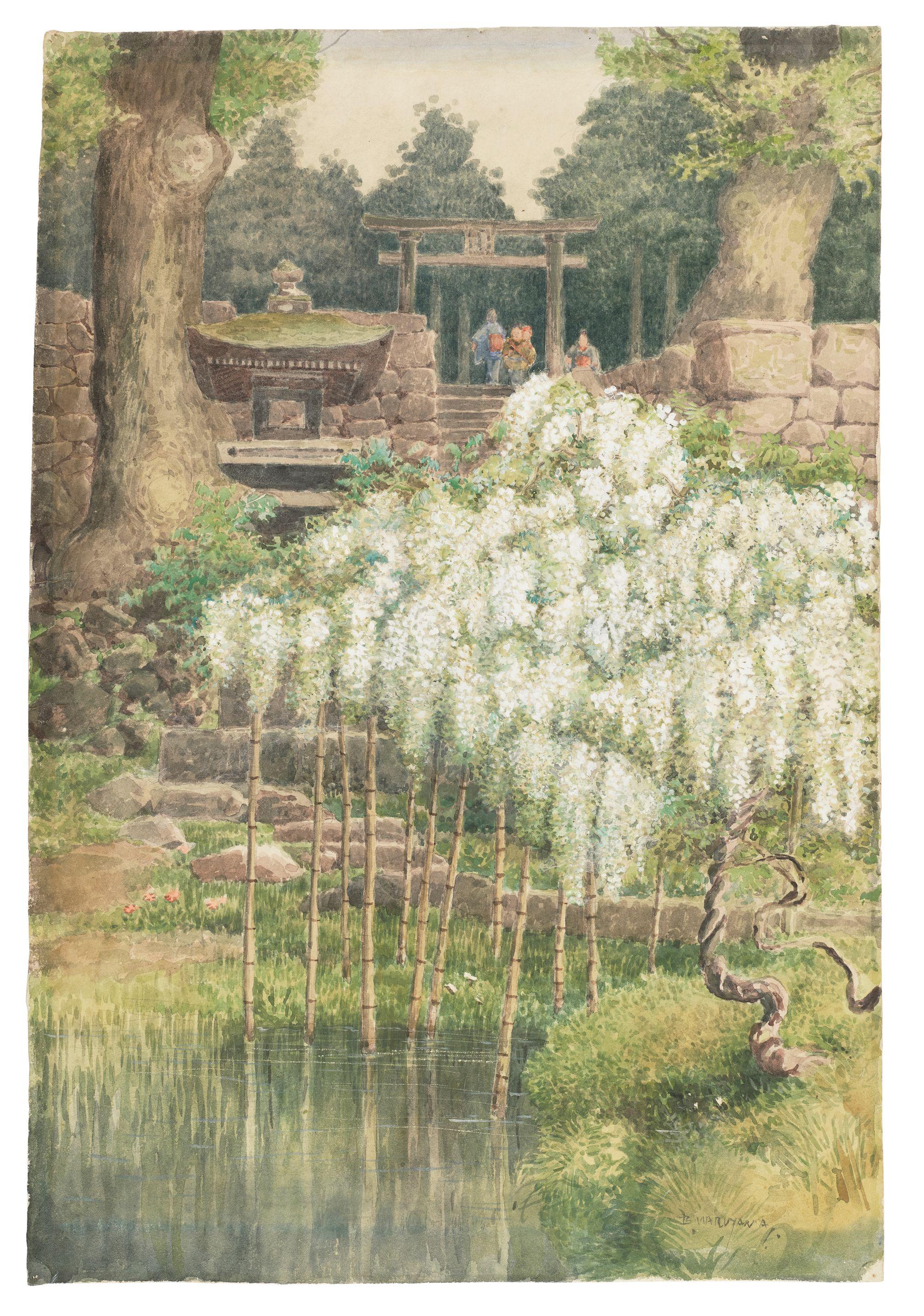 Maruyama Banka - Blossoming Wisteria by Steps to a Shrine Gate