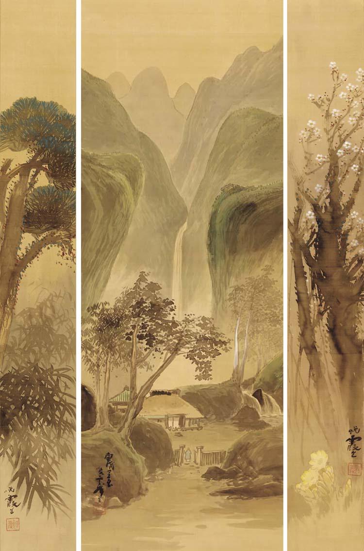 Maruyama Banka - Kakei bakufu; shochiku; ume zu (Waterfall in the valley in summer; pine and bamboo; plum)