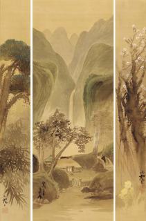 Maruyama Banka - Kakei bakufu; shochiku; ume zu (Waterfall in the valley in summer; pine and bamboo; plum)
