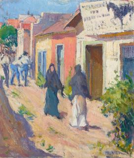 Mary Bradish Titcomb - Figures Strolling on a Street 16 1/2 x 14 in. framed 23 1/4 x 21 in.