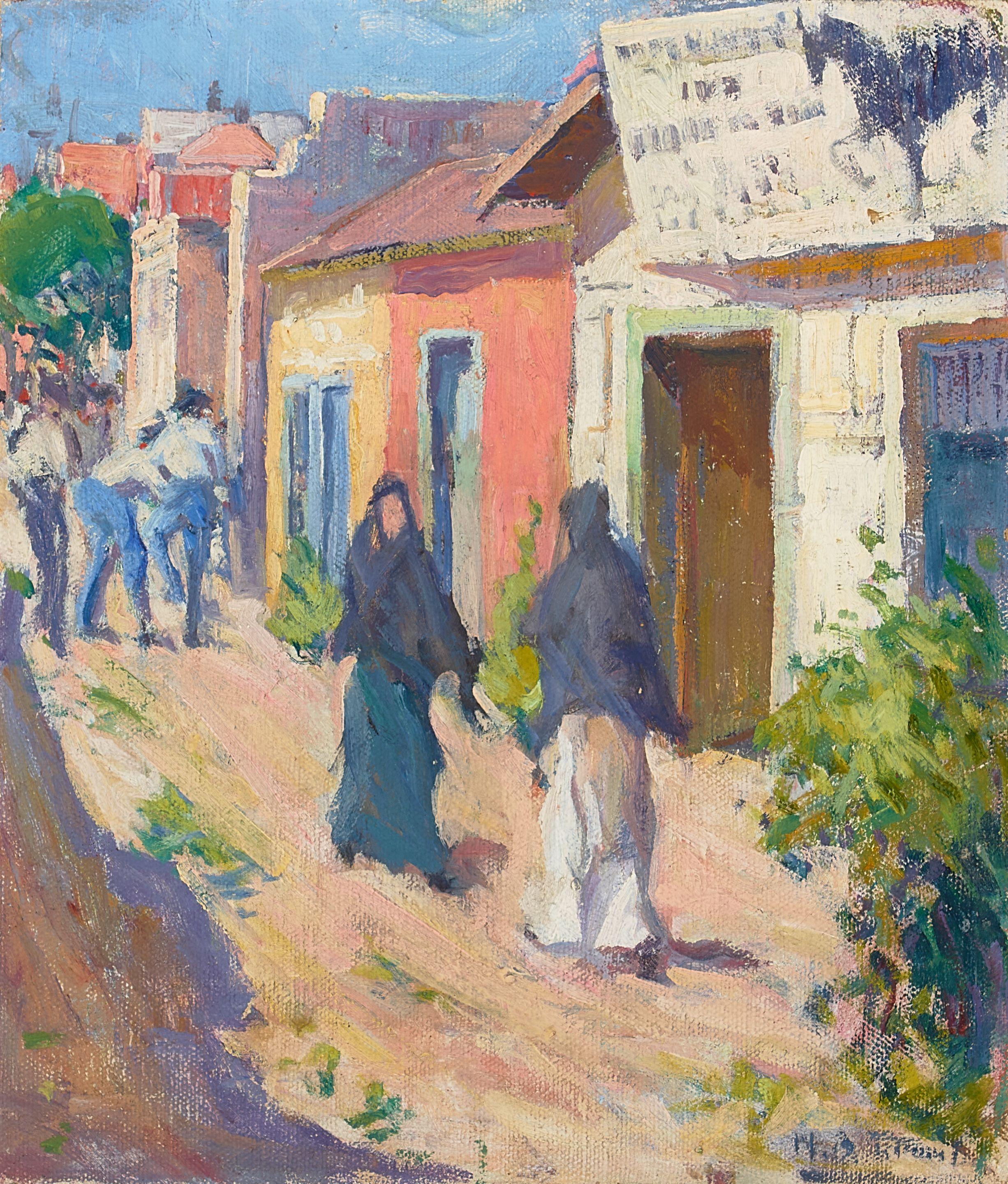 Mary Bradish Titcomb - Figures Strolling on a Street 16 1/2 x 14 in. framed 23 1/4 x 21 in.