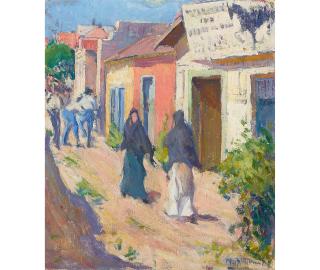 Mary Bradish Titcomb - Figures Strolling on a Street 16 1/2 x 14 in. framed 23 1/4 x 21 in.