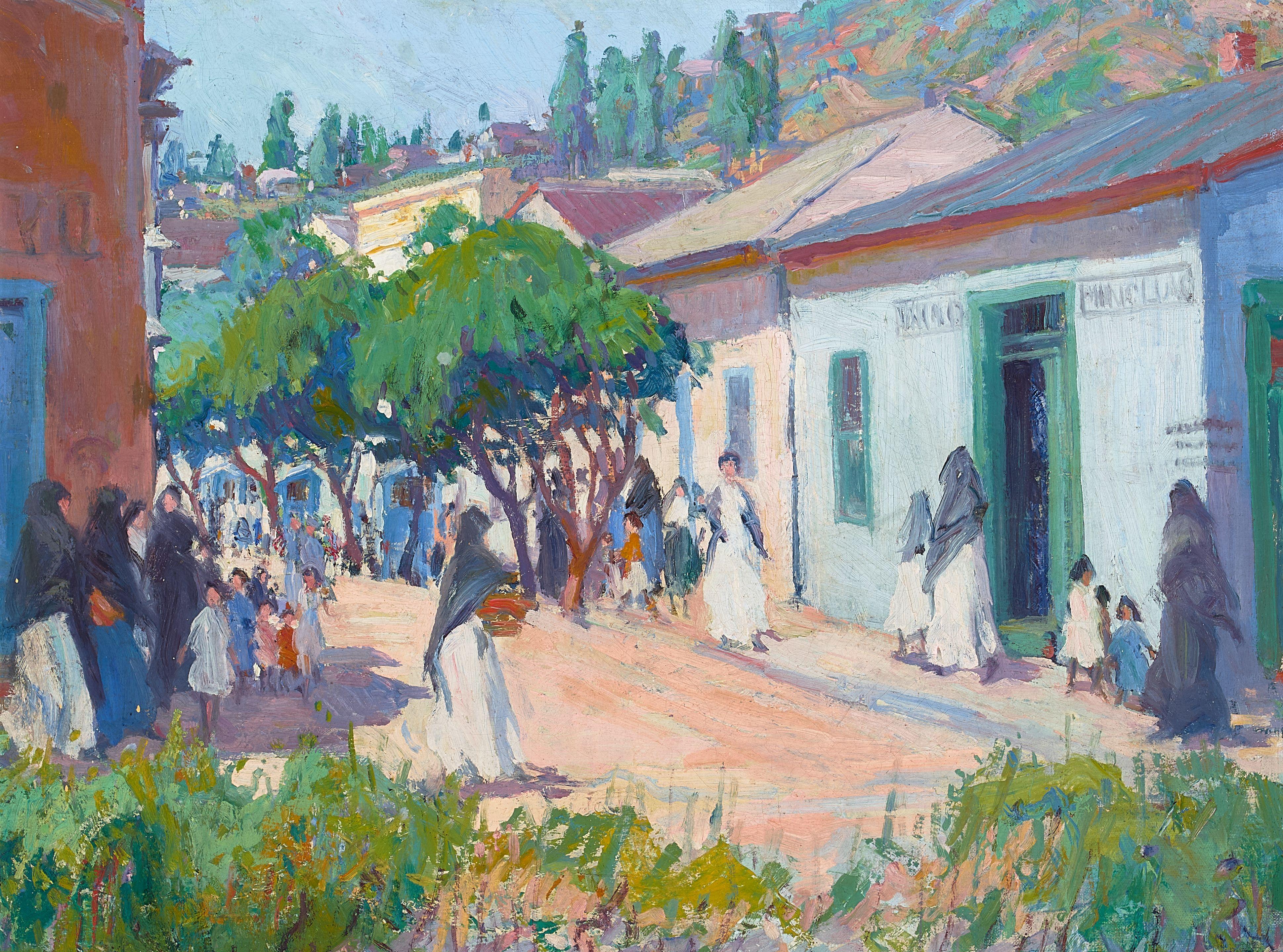 Mary Bradish Titcomb - Figures Strolling on a Street 18 1/4 x 24 in. framed 27 3/4 x 33 1/2 in.