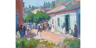 Mary Bradish Titcomb - Figures Strolling on a Street 18 1/4 x 24 in. framed 27 3/4 x 33 1/2 in.