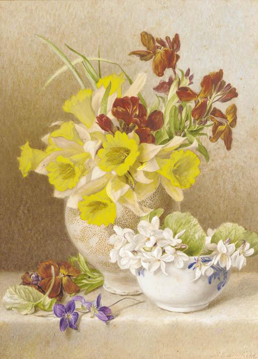 Mary Elizabeth Duffield - Still life with daffodils, cyclamen and anemones in ceramic vases on a ledge