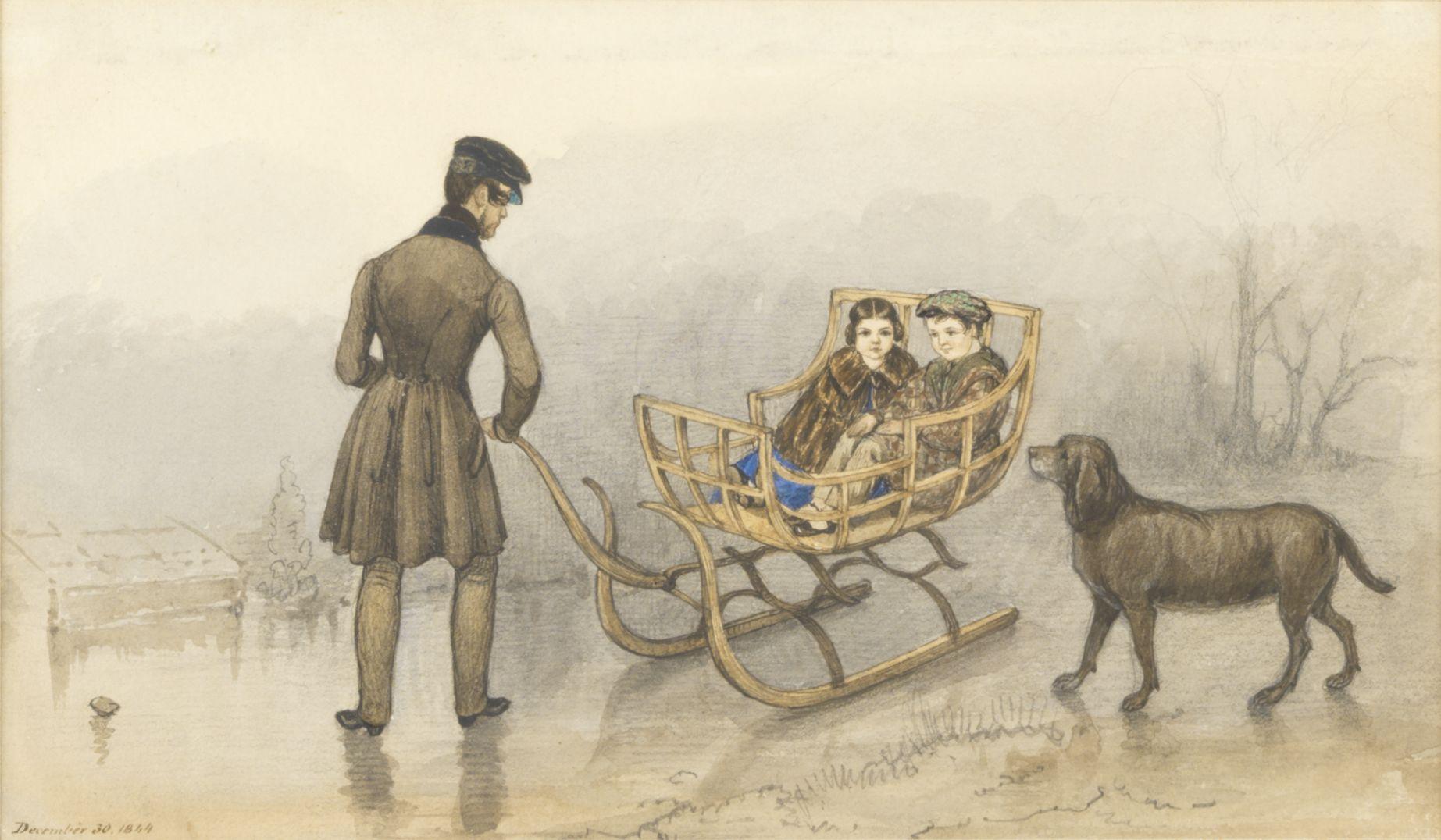 Mary Ellen Best - \'Anthony, Frank and Caroline sledging on the ice, accompanied by the family dog, 30 December 1844\'