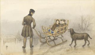 Mary Ellen Best - \'Anthony, Frank and Caroline sledging on the ice, accompanied by the family dog, 30 December 1844\'