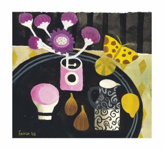 Mary Fedden, R.A. - Still life with flowers and a yellow butterfly
