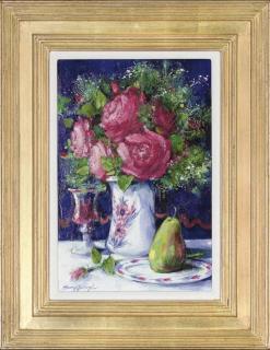 Mary Gallagher - Roses in a white vase with a glass of wine and a pear to the side, on a table
