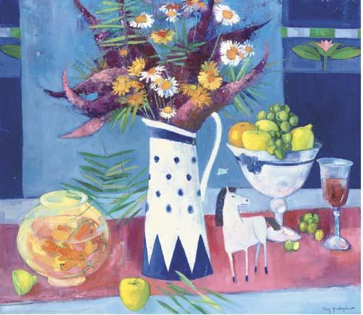Mary Gallagher - Still life with jug of flowers and goldfish