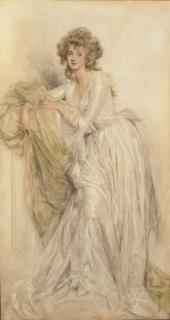 Mary L. Gow - A Portrait Of A Lady, Full-Length Resting On A Pilaster