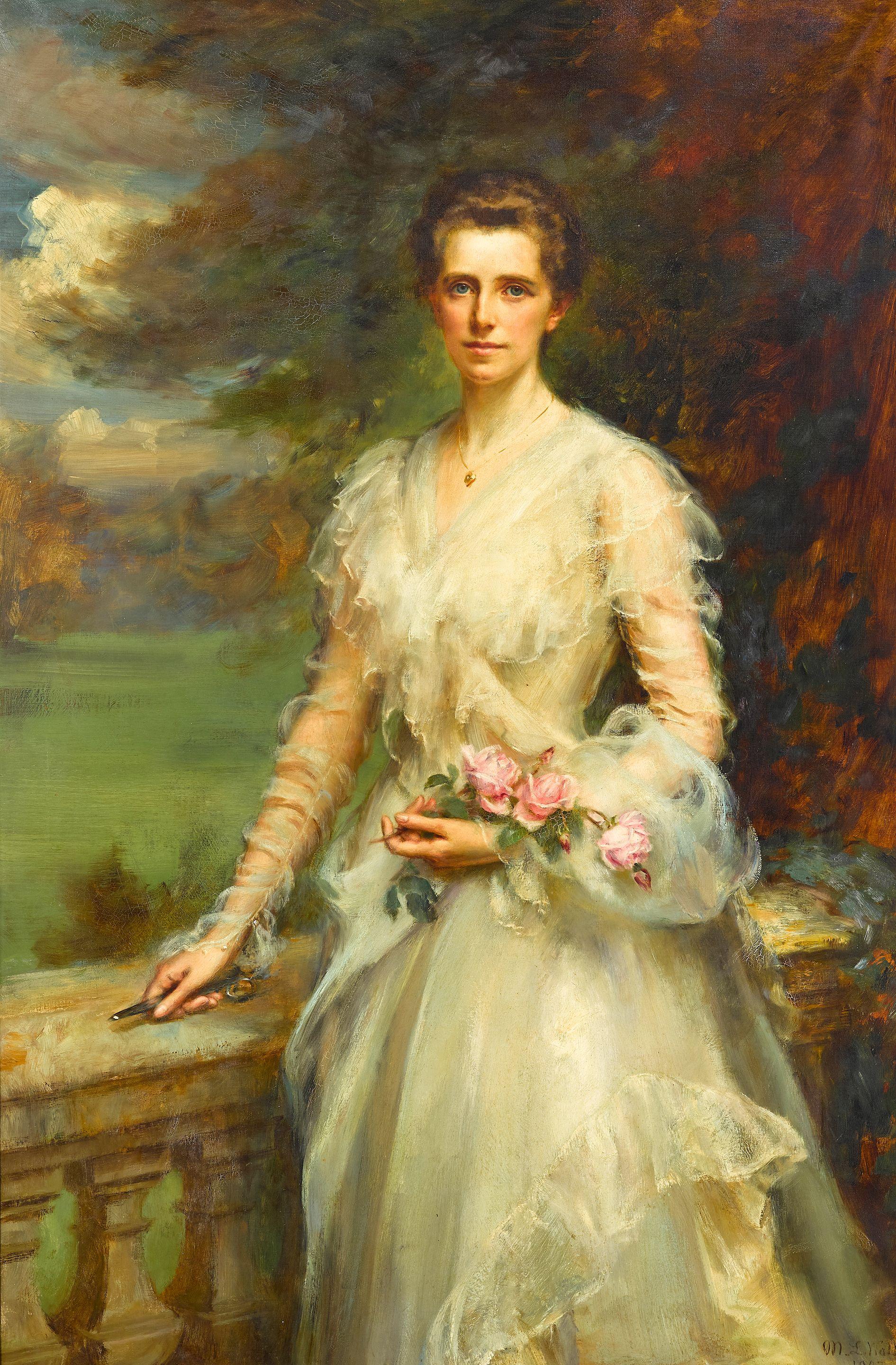 Mary Lemon Waller - A portrait of a lady in a white dress with fresh cut roses