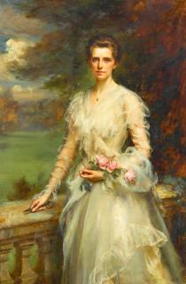 Mary Lemon Waller - A portrait of a lady in a white dress with fresh cut roses