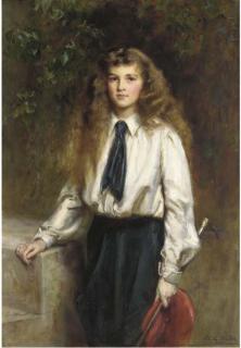 Mary Lemon Waller - Portrait of Molly, daughter of the late Sir Arthur Pease, Bt., in a riding habit, holding a riding crop