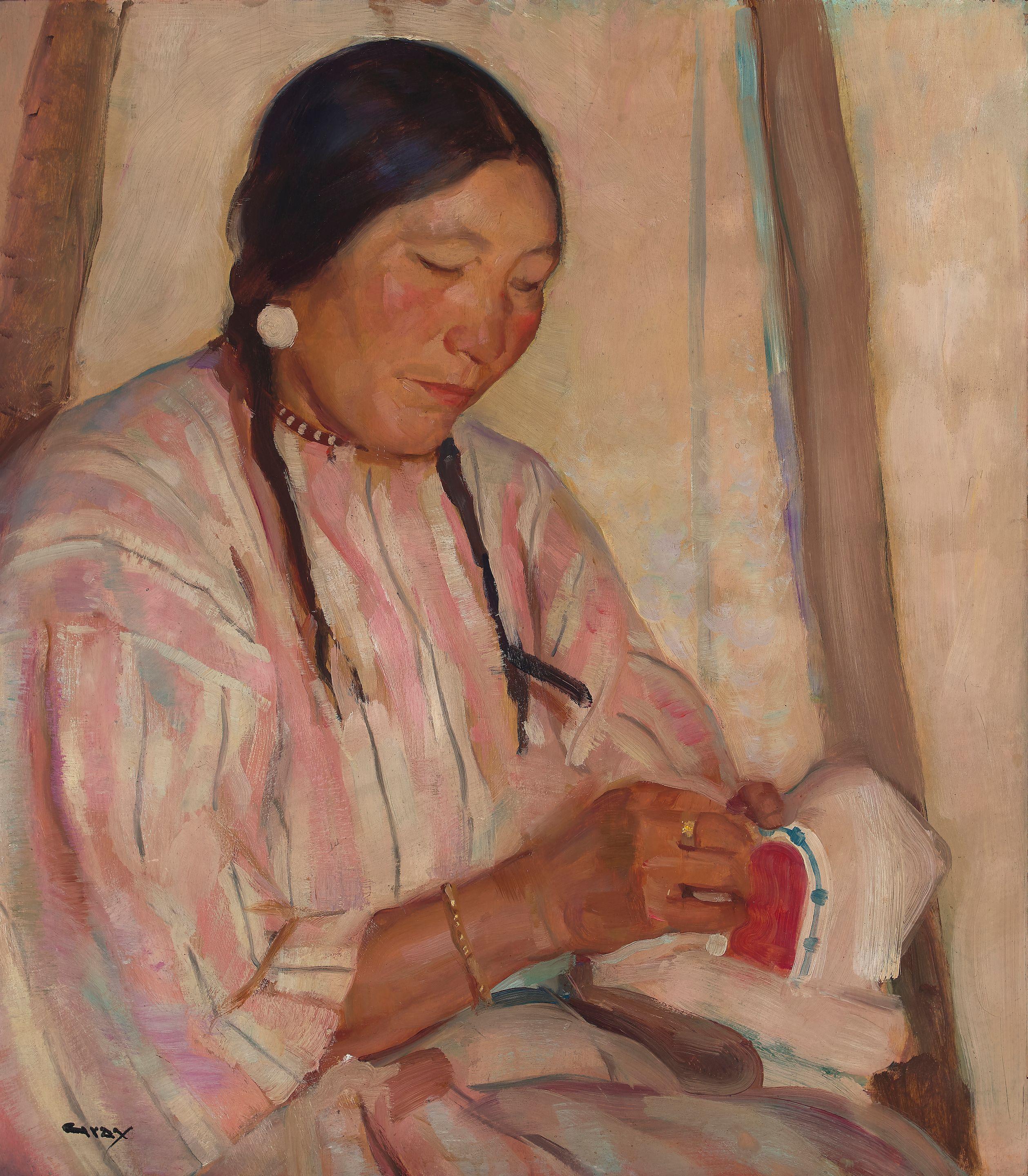 Mary Mendenhall Gray - Portrait of a Woman Beading a Moccasin (White Wolf)