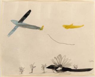 Mary Newcomb - Tow Rope Dropping Glider, tow Plane Falling away, Magpie Rusing past