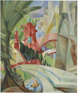 Mary Swanzy, H.R.H.A. - Cubist Landscape With Red Pagoda And Bridge