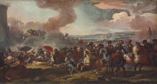 Marzio Masturzio - A Cavalry Skirmish, With A City Engulfed In Flames Beyond