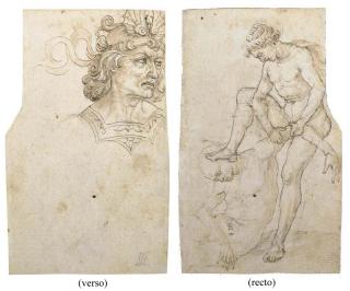 Maso Finiguerra - A nude subduing another figure (recto); The head of a man wearing an elaborate helmet (verso)