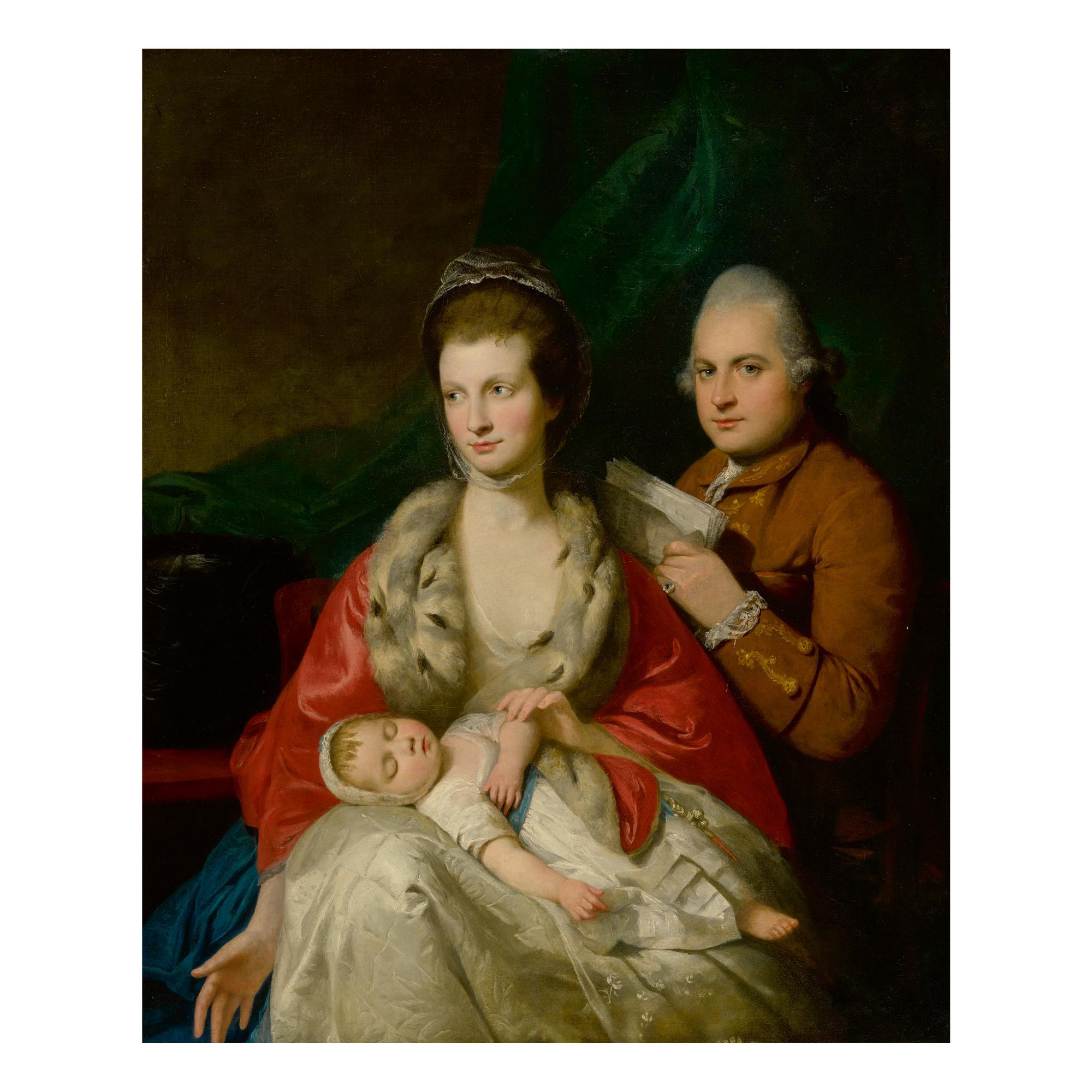 Mason Chamberlin, R.A. - Portrait Of A Family: The Man Holding A Manuscript And Seated Behind His Wife, Who Wears An Ermine Coat And Holds Her Sleeping Infant