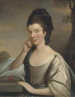 Mason Chamberlin, R.A. - Portrait of a lady, probably Elizabeth Hartley (1751-1824), half-length, in a pink dress with blue sash and shawl, her right elbow resting on a book on a ledge, in a landscape