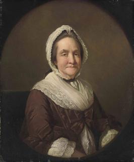 Mason Chamberlin, R.A. - Portrait of Frances Adcock, Mrs. Robert Butcher (b. 1710), half-length, in a brown dress and lace shawl and cap, feigned oval