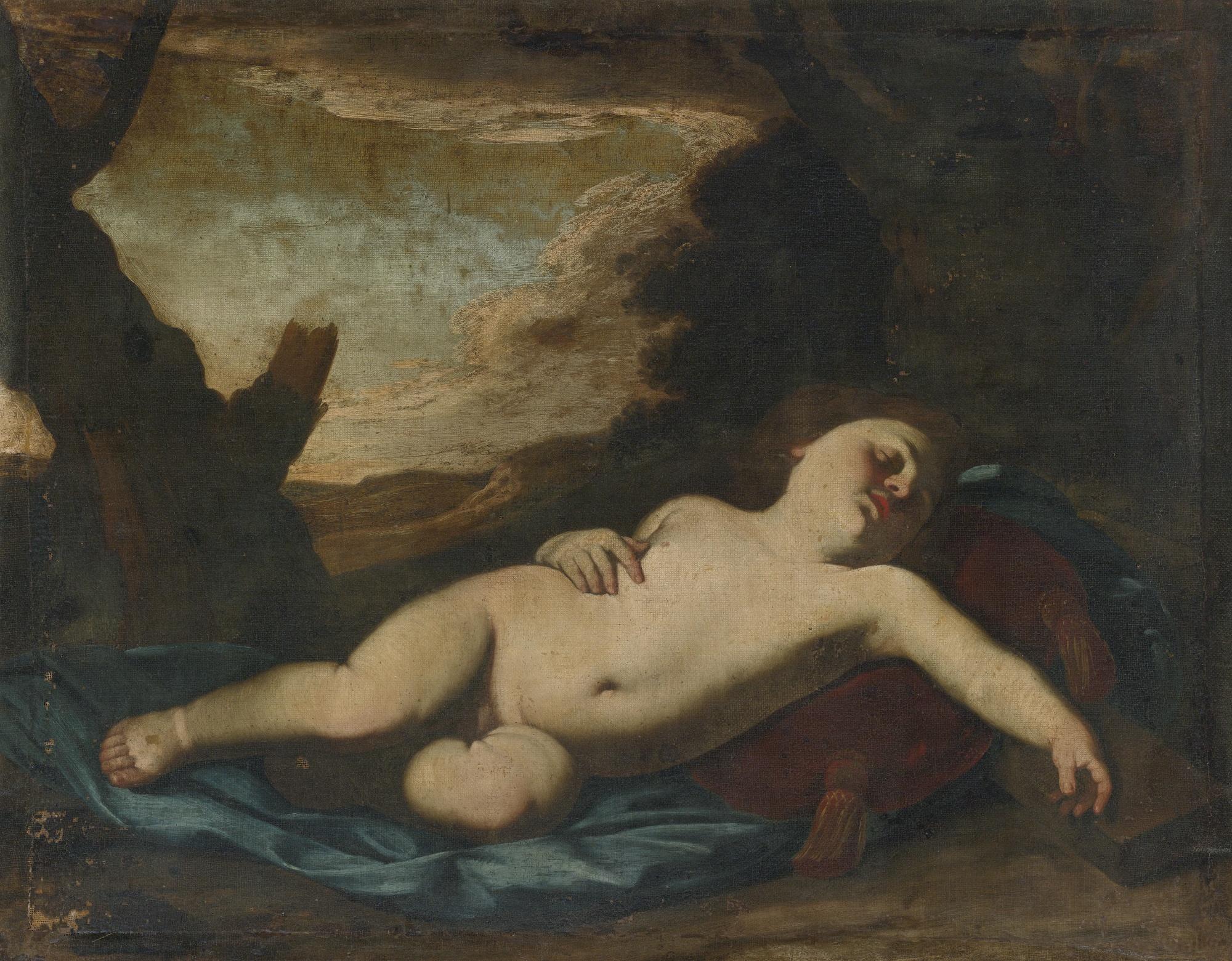 Massimo Stanzione - Sleeping Christ Child In A Landscape