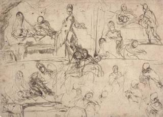 Massimo Stanzione - Three studies for the Birth of the Virgin with subsidiary studies of the principal figures