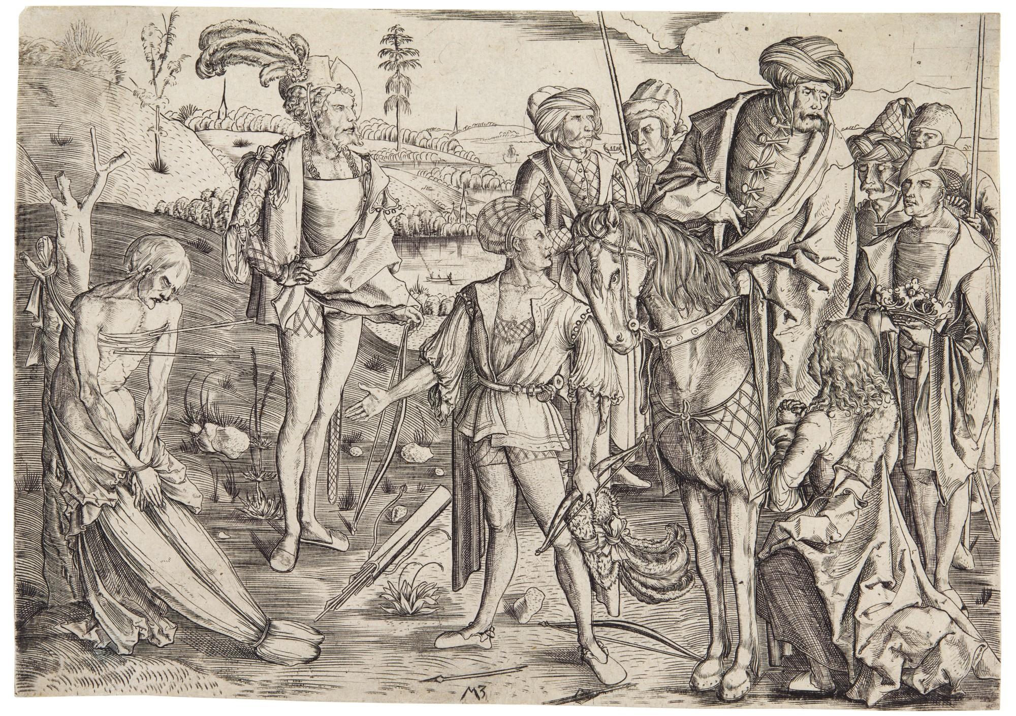 Master MZ - The King\'s Three Sons Shooting at their Father\'s Corpse; and The Woman with an Owl (Bartsch 4, 21)