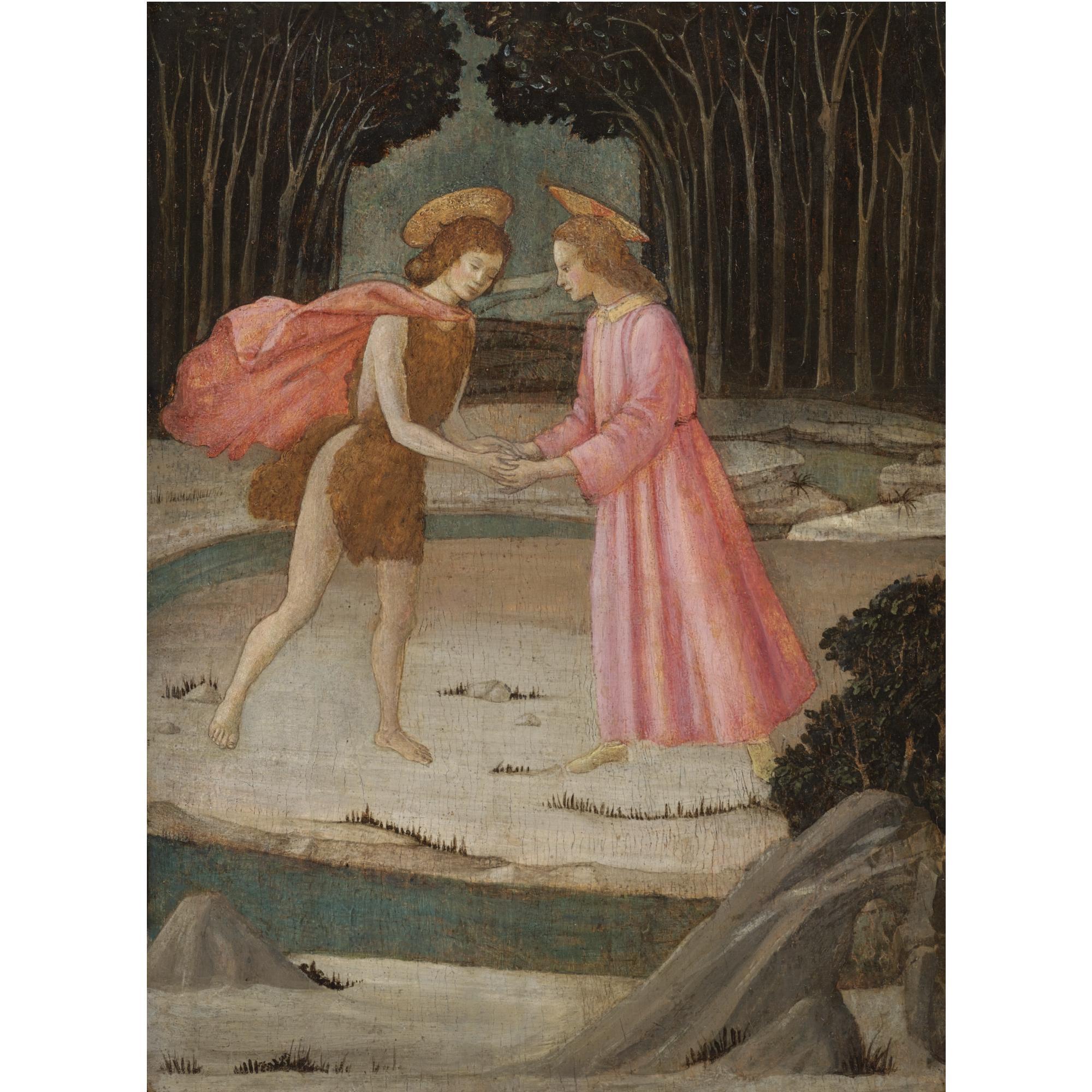 Master Of Marradi - The Meeting Of Christ And Saint John The Baptist In The Wilderness By The River Jordan; The Reverse Painted As A Circular Trompe L\'Oeil Door Panel