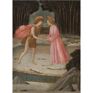 Master Of Marradi - The Meeting Of Christ And Saint John The Baptist In The Wilderness By The River Jordan; The Reverse Painted As A Circular Trompe L\'Oeil Door Panel