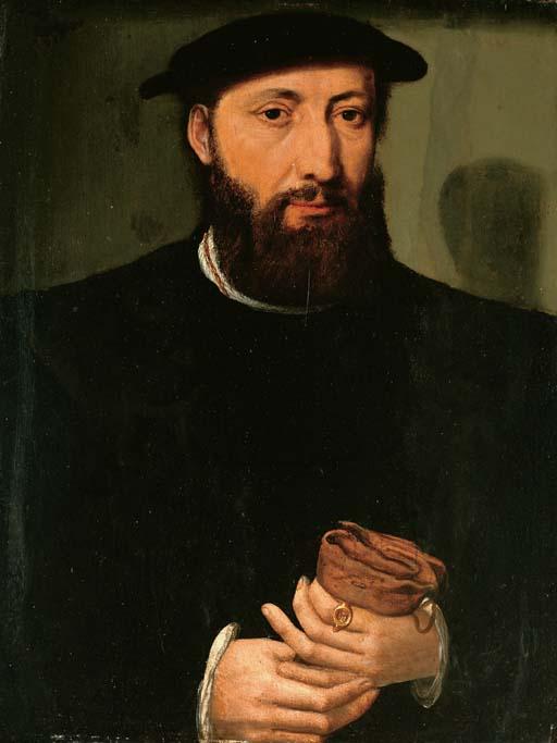 Master Of The 1540S - Portrait of a bearded man, half-length, in a black coat, holding gloves
