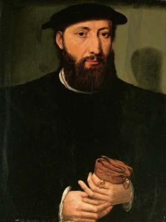 Master Of The 1540S - Portrait of a bearded man, half-length, in a black coat, holding gloves