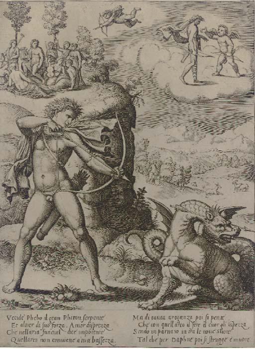 Master of The Die - Apollo Killing the Python, after Giulio Romano (actually after Peruzzi) (Bartsch 19)